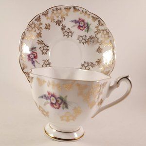 Vintage Queen Anne Bone China Teacup and Saucer (5883) Gold Flowers